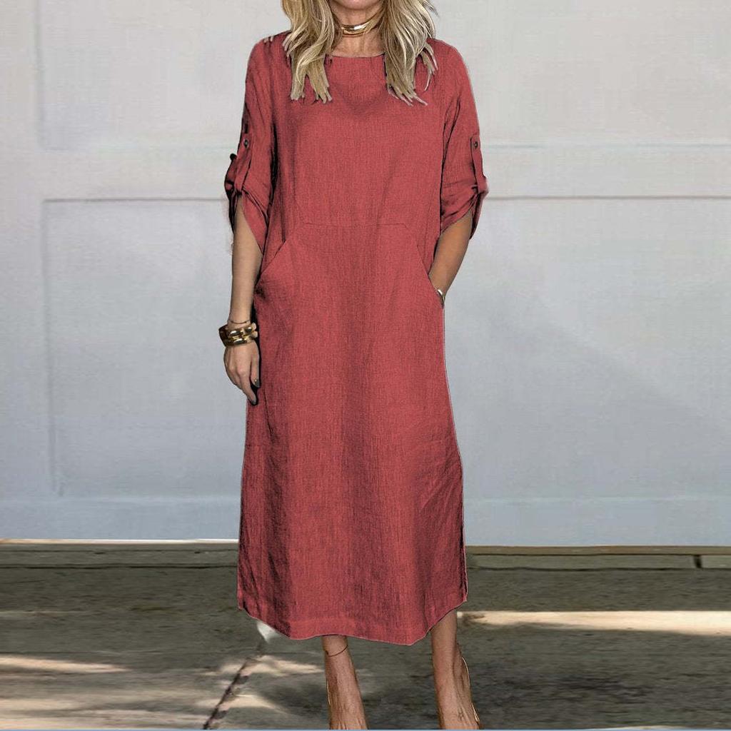 Women's Cotton And Linen Solid Color Casual Round Neck  Double Side Pockets 3/4 Sleeve Long Dress