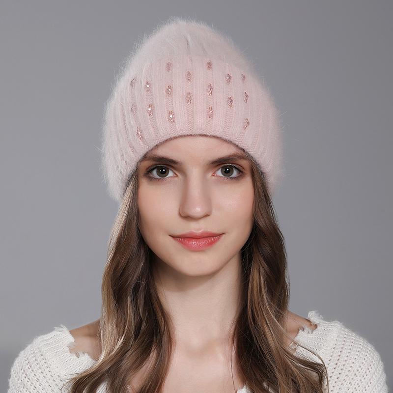 Winter Hat For Women Warm Knitted Angora Rabbit Fur Beanies Fashion With Bead Hats Female High Quality Casual Luxury Cap