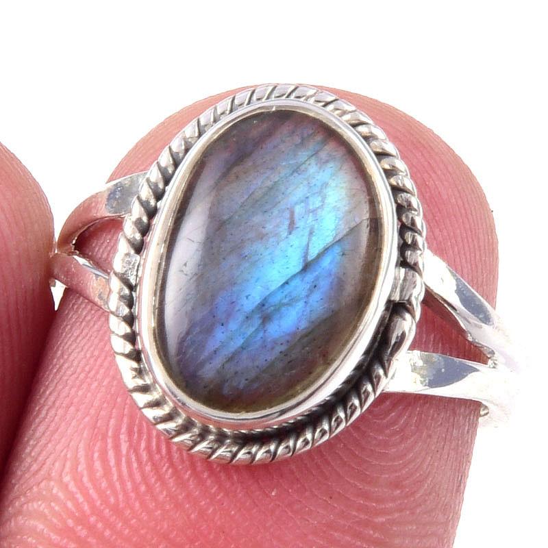Кольцо из чистого серебра 925 пробы с натуральным лабрадоритом, размер 6, u8I36