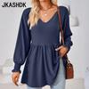 Women's Fashion Casual Spring Autumn Solid Color Print Long Sleeve V-Neck Blouses & Shirts