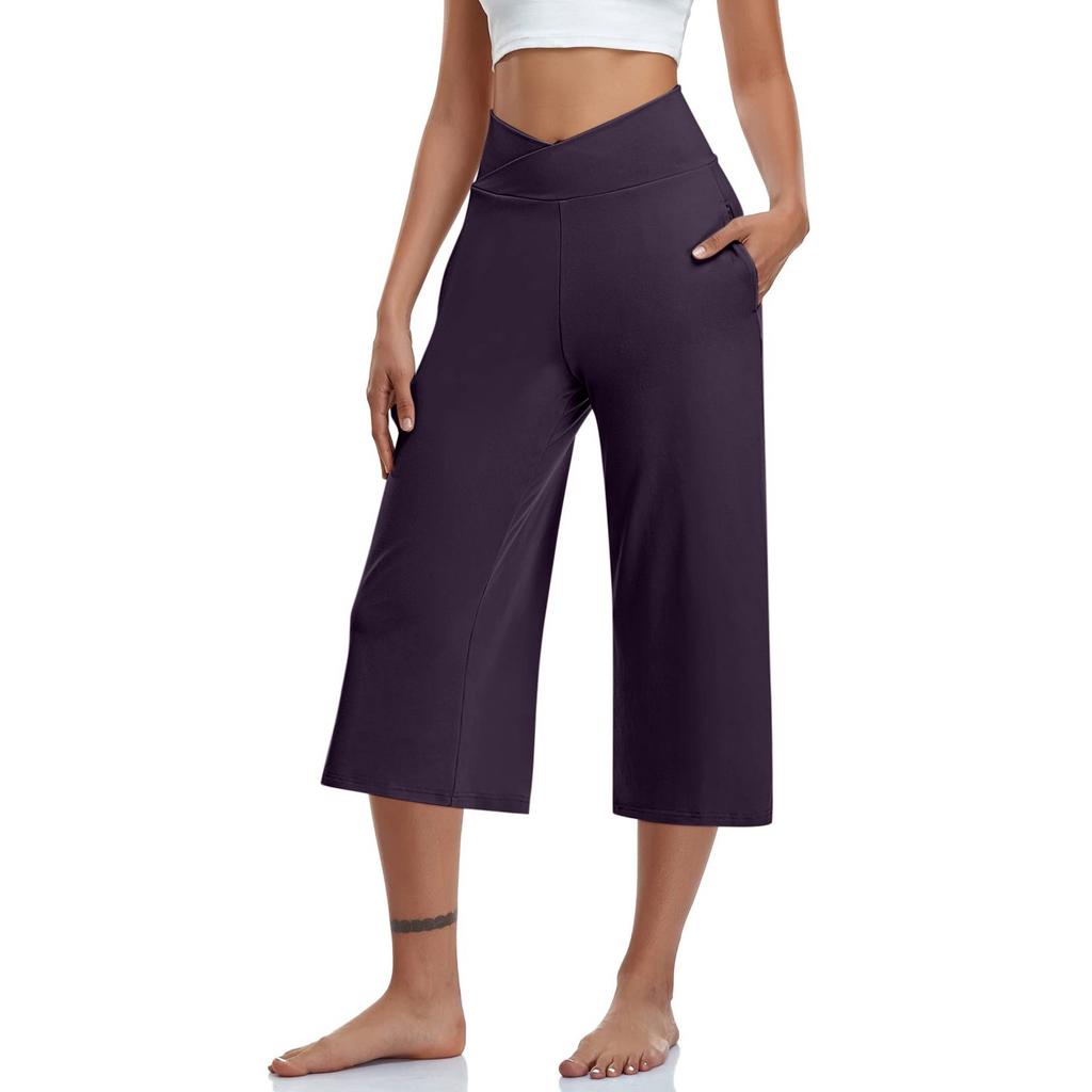 Women  Elastic High Waist 3/4 Pant Casual Active  Fit Wide Capris Leg Pants Trousers With Pockets