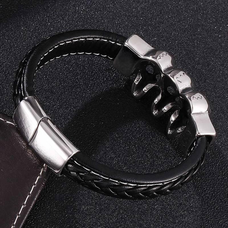 Панк-браслет Череп Скелет Нержавеющая сталь Кожаные браслеты и браслеты Мужские черные плетеные кожаные панк-мужские украшения BB0188