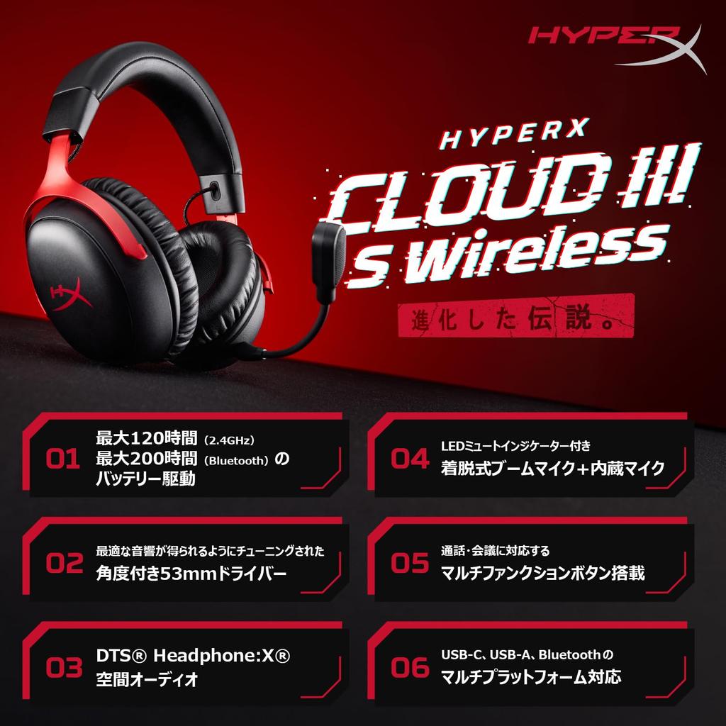 HyperX Cloud III S Wireless Gaming Angled 53mm DTS Spatial Up to 120 Hours of Continuous Nintendo Black Headset, 2.4GHz Bluetooth, Drivers,