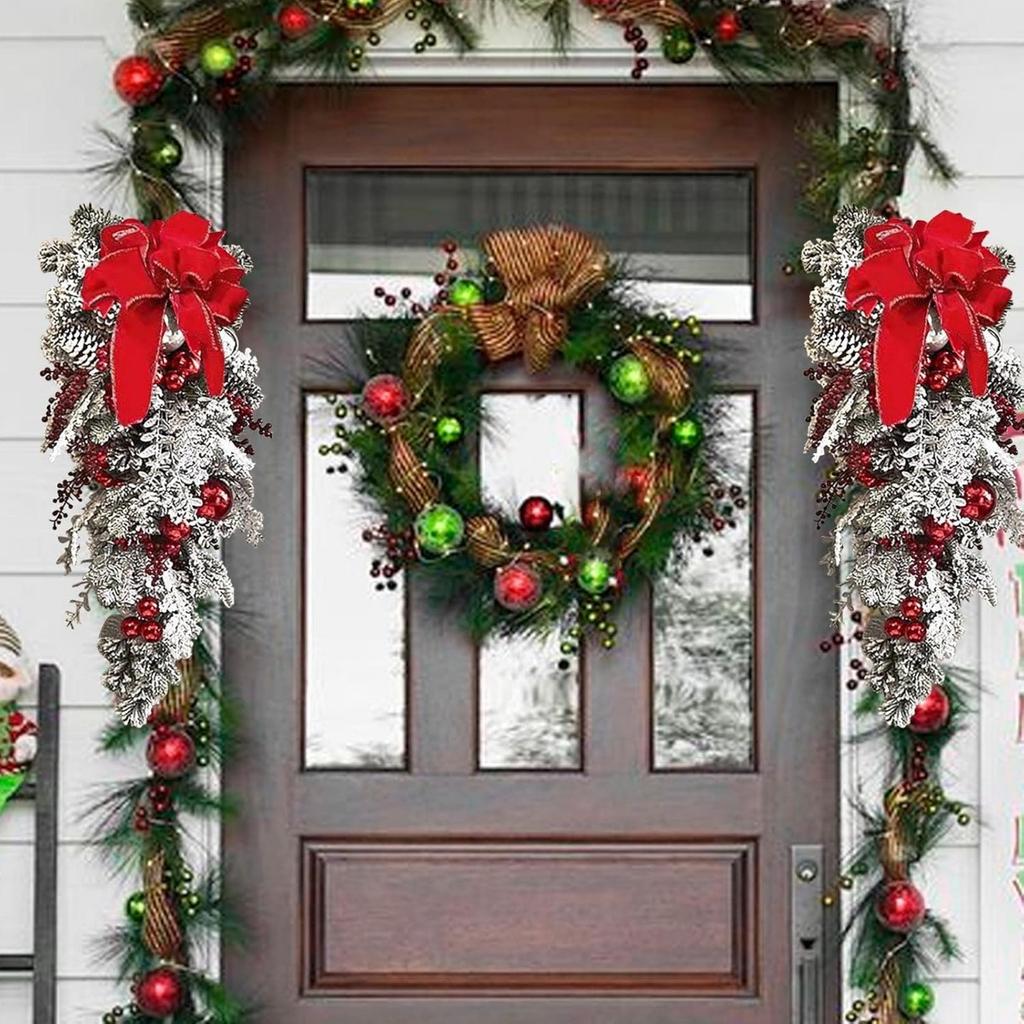 1pc Artifical Christmas Teardrop Swag for Front Door, Christmas Garlands with Christmas Ball Red Berry Pine Cone Rustic Garland for Xmas Home Decor