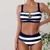 Women's Swimwear Bikini 2 Piece Swimsuit Backless Halter Beach Wear Blue and White Stripes Print Bathing Suits Hanging Neck Swimsuit