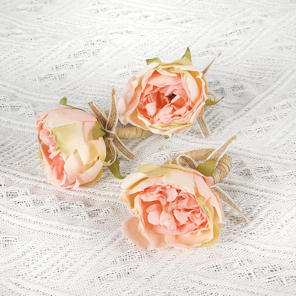 4PCS Elegant Pink Peony Flower Napkin Rings - Handcrafted with Burlap & Twine, Perfect for Weddings, Luncheons, Picnics, Banquets, Christmas