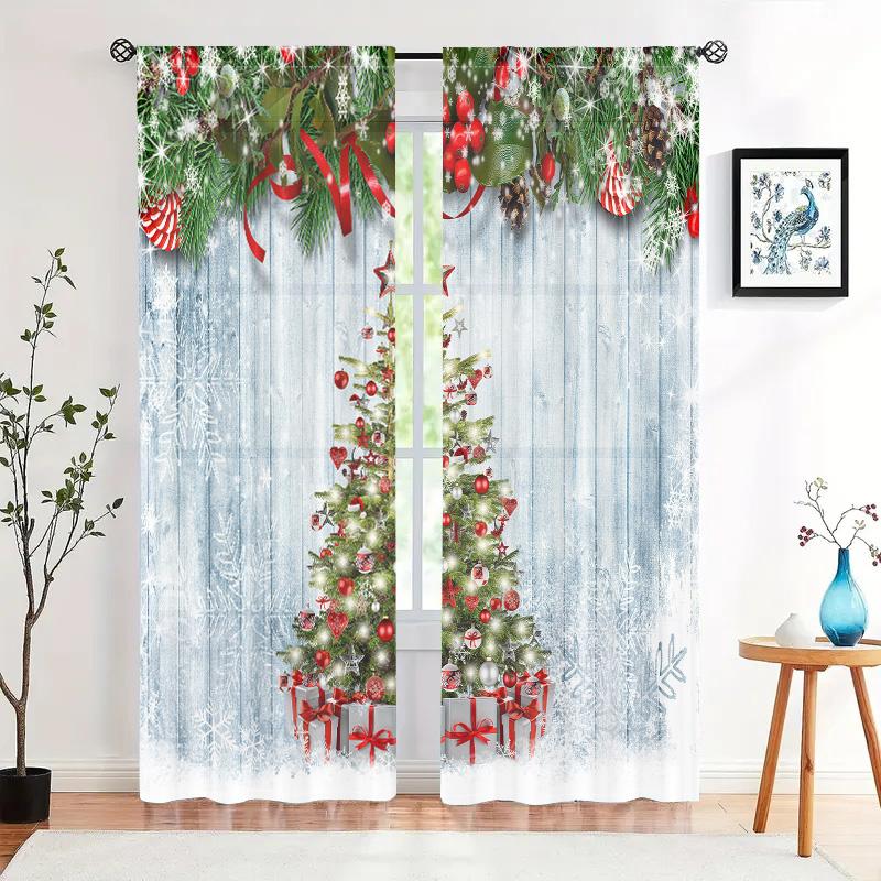 2 Pieces, Christmas Tree Snowflake Wooden Background Curtains -30% Blackout - Suitable for Living Room, Bedroom, Home Decoration