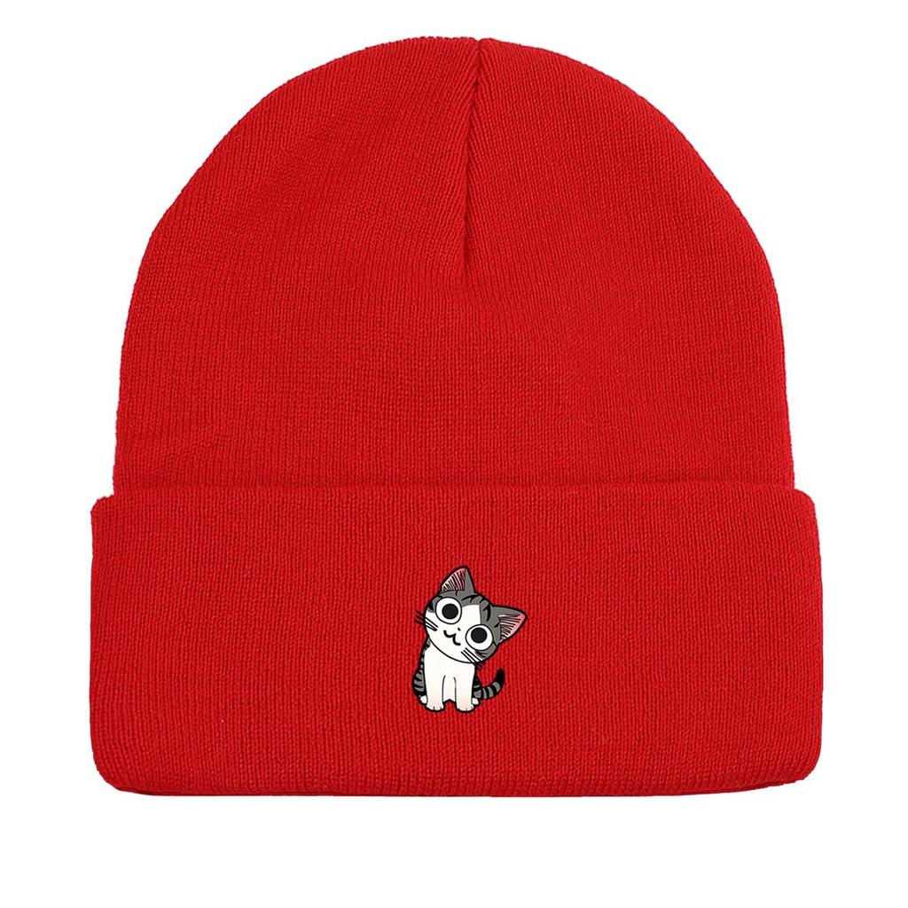 Шапка для девочек с принтом мультяшного кота, теплые зимние шапки для женщин, легкие однотонные ветрозащитные головные уборы, эластичные шапочки Skullies