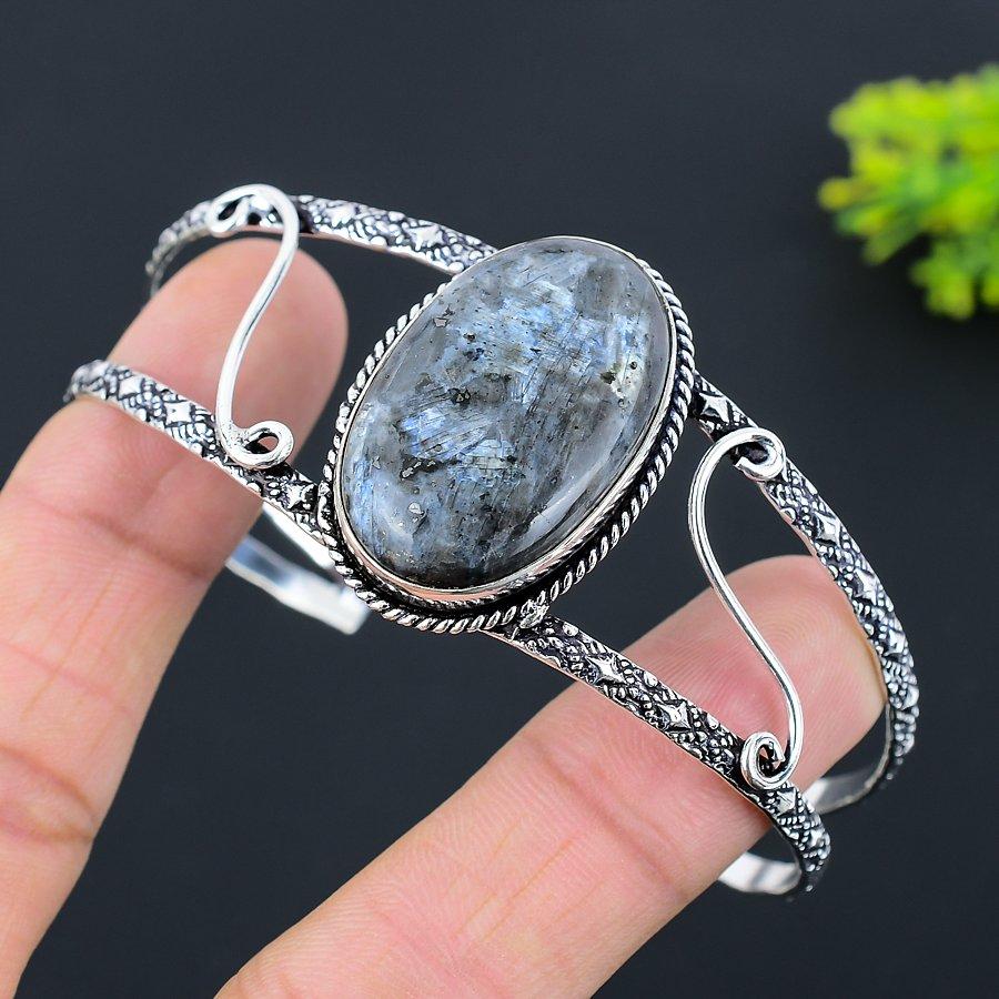 Регулируемый браслет-манжета из натурального ларвикита ручной работы из стерлингового серебра 925 пробы F2k15
