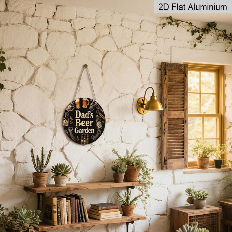 2D Flat 1pc, 8x8 in, Vintage Beer Garden Aluminum Metal Decorative Signs & Plaques - Dad's Beer Garden Wall Art with Beer Mugs, Bottles & Rustic