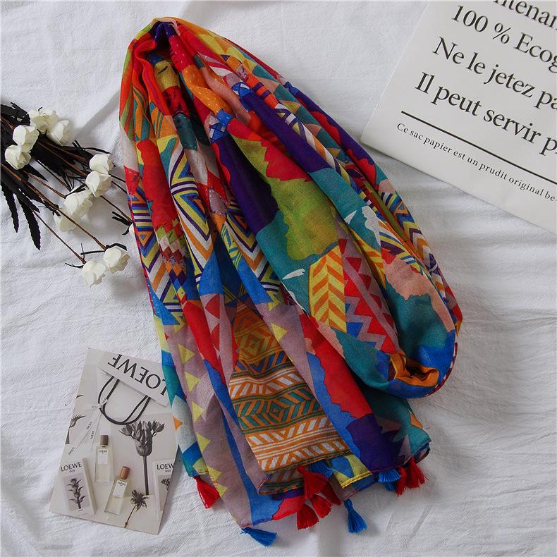 Colorful Geometric Cotton-Linen Scarf: Retro Ethnic Style Beach Shawl