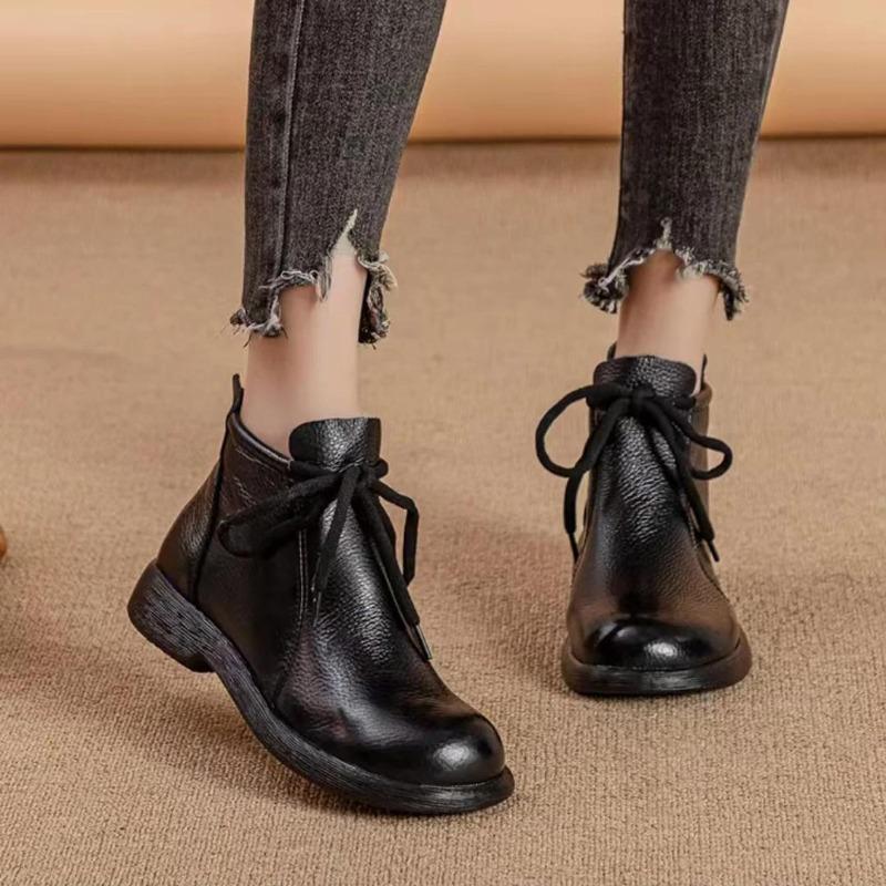 Натуральная кожа Удобные плоские короткие ботинки Мягкая поверхность Мягкая подошва Удобные Универсальные женские кожаные ботинки Воловья кожа Нескользящие ботинки 35-41