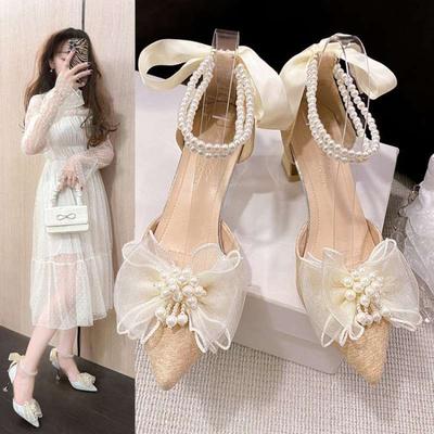 Новый бант жемчужно-белый дизайн чувство ниша жемчуг главное свадебное платье туфли на высоком каблуке свадебная обувь можно обычно носить