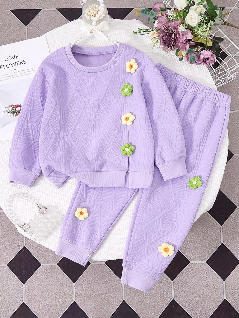 Girls' 2-Piece Casual Set: Long-Sleeve Top with 3D Floral Accents & Side Slits Paired with Sweatpants (Spring/Autumn/Winter)