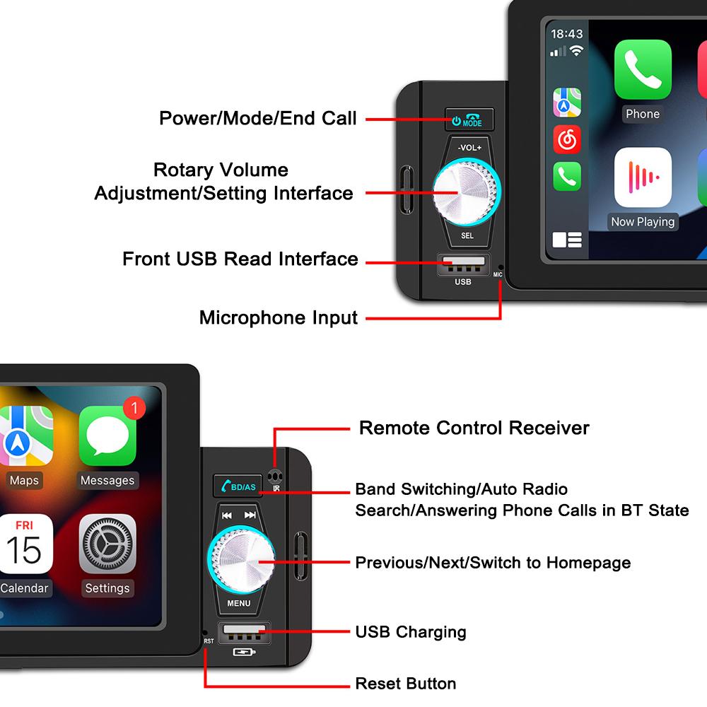 5 Inch Car Stereo MP5 Player BT FM Radio Receiver with Carplay Android Auto Support Hands-Free Calling USB Charge/Playback Phone