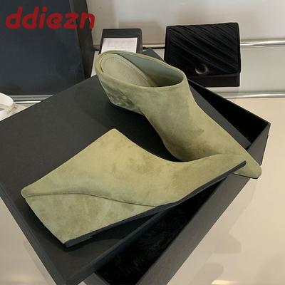 Модные женские шлепанцы-клинья с острым носком, женские шлепанцы, сандалии, весенне-летняя мода, флок, женские шлепанцы-клинья, мюли, обувь 2025, новинка