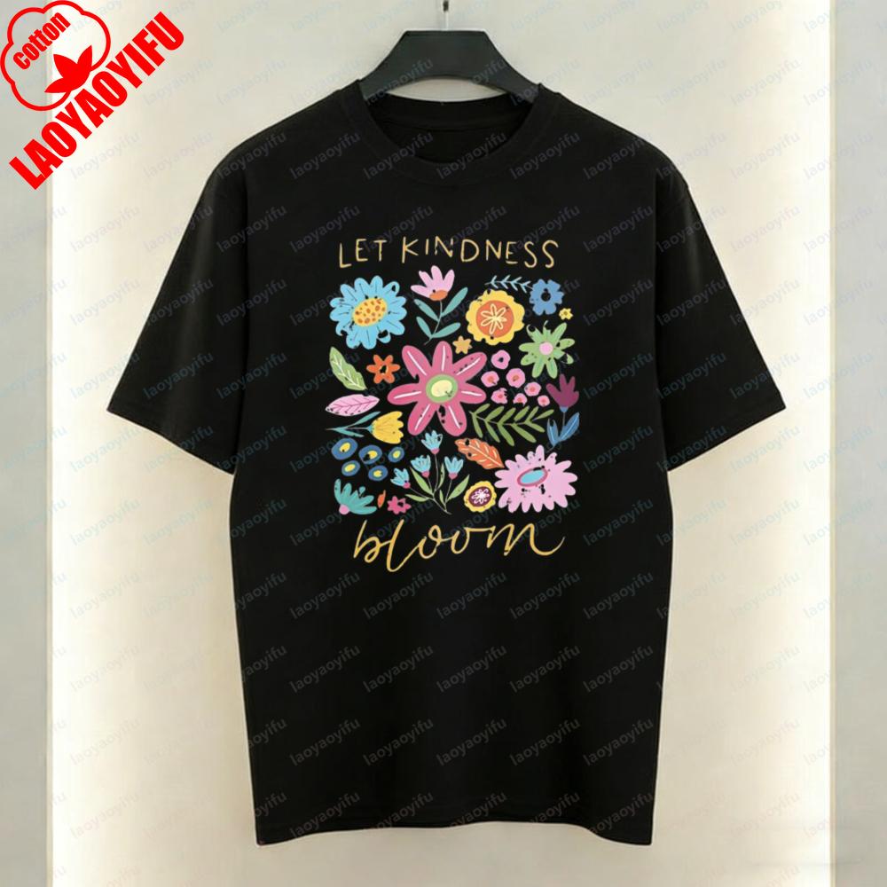 Let Kindness Bloom Art Aesthetic TShirt Colorful Wildflower Graphic Tops Fun Trendy Harajuku Casual Style Cotton Tee for Women