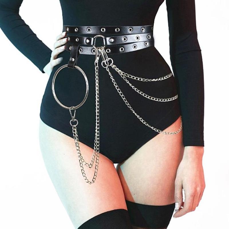 Multi-Layer Faux Leather Belt Metal Chain Waist Belt Punk Gothic Body Jewelry