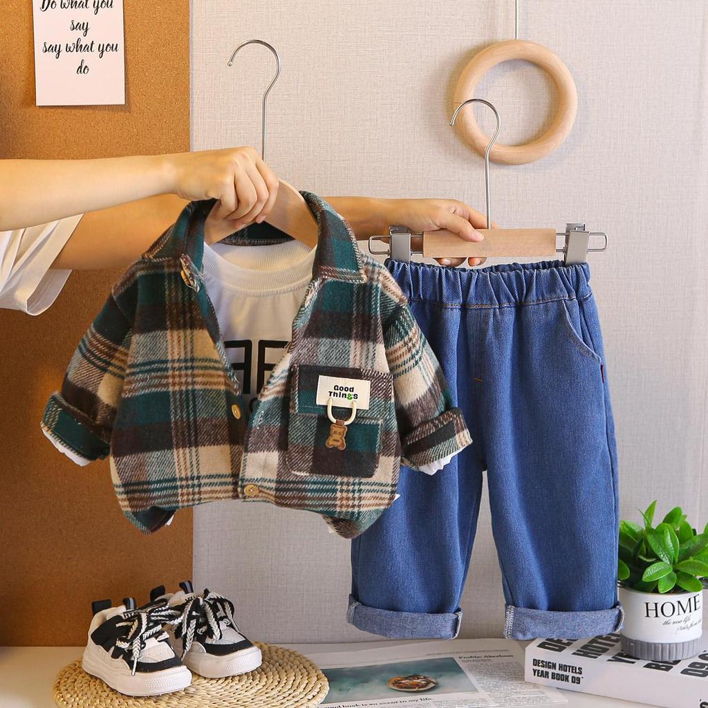 Комплект из 3 предметов с длинным рукавом для мальчиков, Детская клетчатая куртка для 0-5 лет, Высококачественная одежда для мальчиков