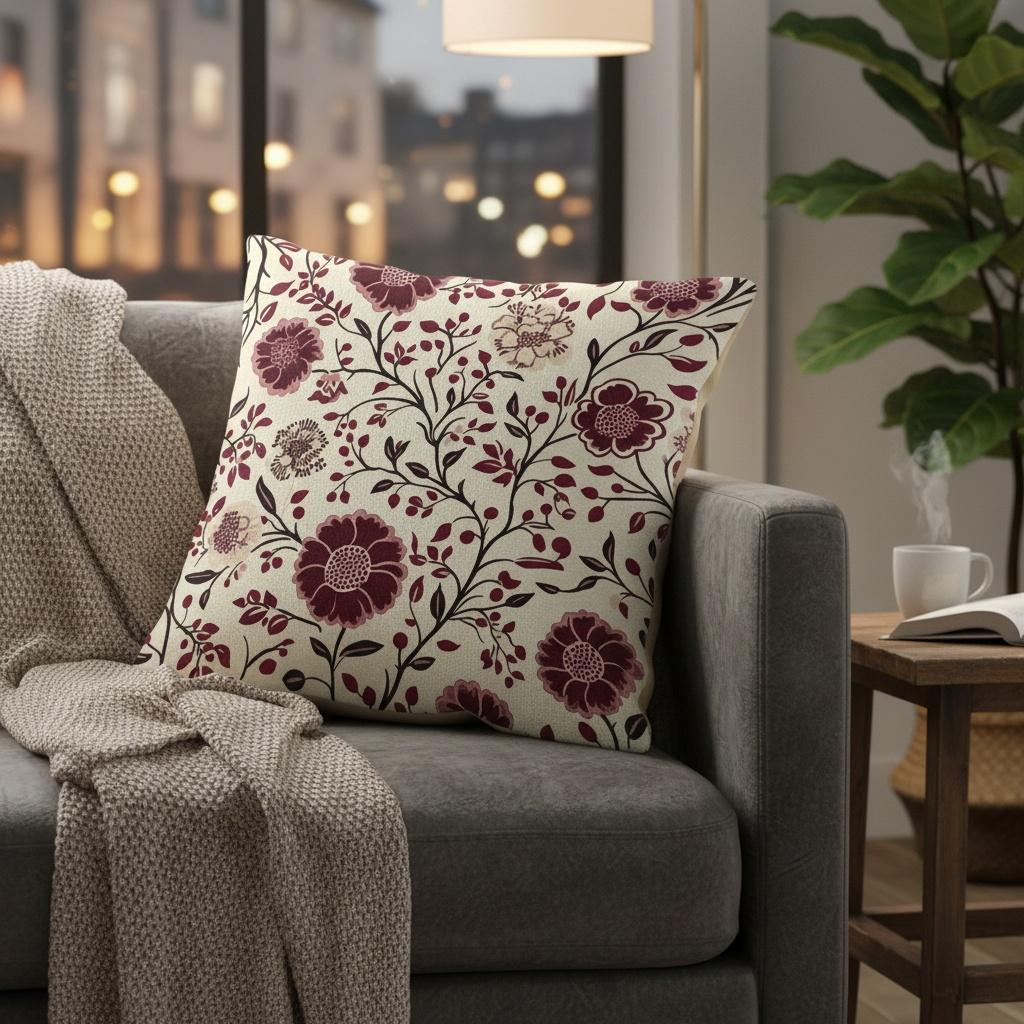 Double Sided Vintage Burgundy Floral Vine Pillow Cover Boho Red Flower Print Soft Throw Pillow Case For Home Decor Gift