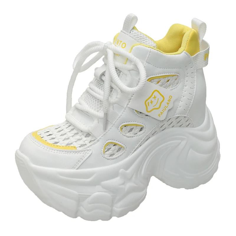 Модные 10-сантиметровые массивные кожаные кроссовки, летние повседневные вулканизированные туфли на шнуровке, женские кроссовки на высокой платформе, дышащие, с полым сетчатым верхом, спортивные кроссовки в стиле «папа»