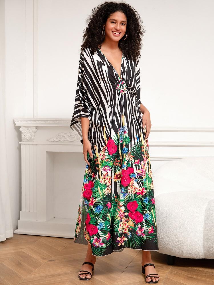 EDOLYNSA Привлекательный полосатый женский халат-кафтан, домашнее платье, уютная легкая куртка, непринужденная домашняя одежда, длинное платье для отпуска и вечеринки Q1289