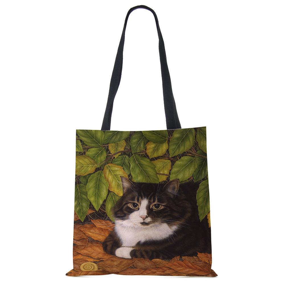 Cute Cat Flower Painting Print Womens Designer Tote Bags Women Handbag Large Shopping Bag Foldable For Groceries CLE
