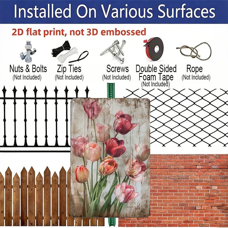 2D Flat 1pc Vintage Tulips Aluminium Metal Wall Art Sign - 8x12 Inch Shabby Chic Rustic Dutch-Inspired Tulip Field Decor, Pink & White Tulip for