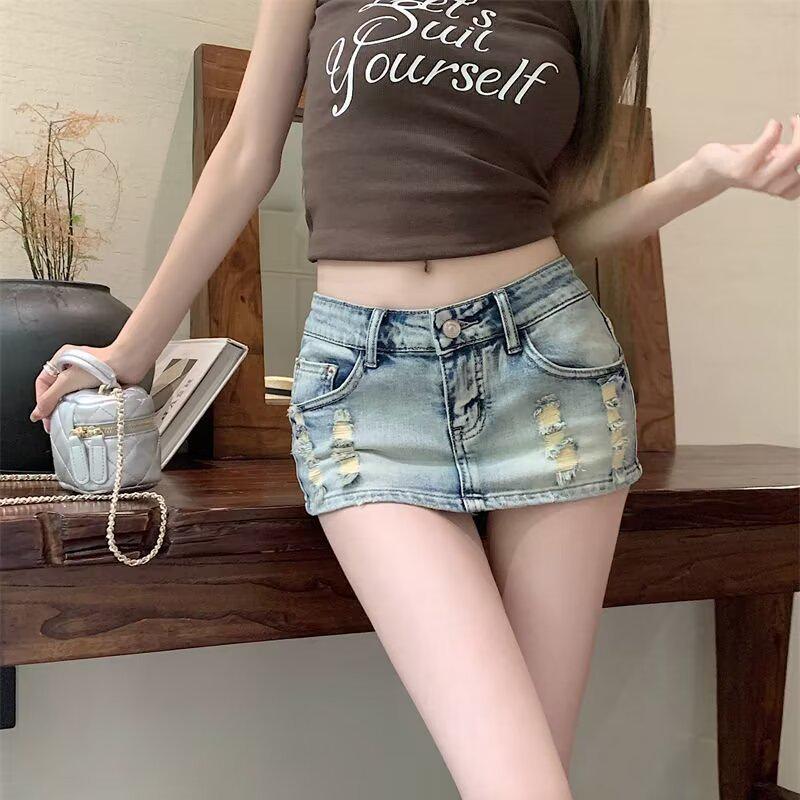 Женская ультракороткая джинсовая юбка с заниженной талией - сексуальная, эластичная, облегающая бедра летняя мини-юбка