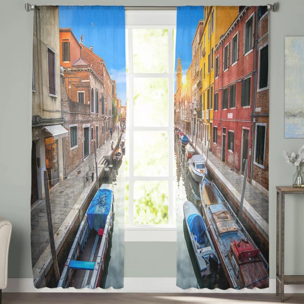 City River Boat House Modern Printed Tulle Curtains for Bedroom Balcony Window Decor Creative Fashion Home Sheer Curtain