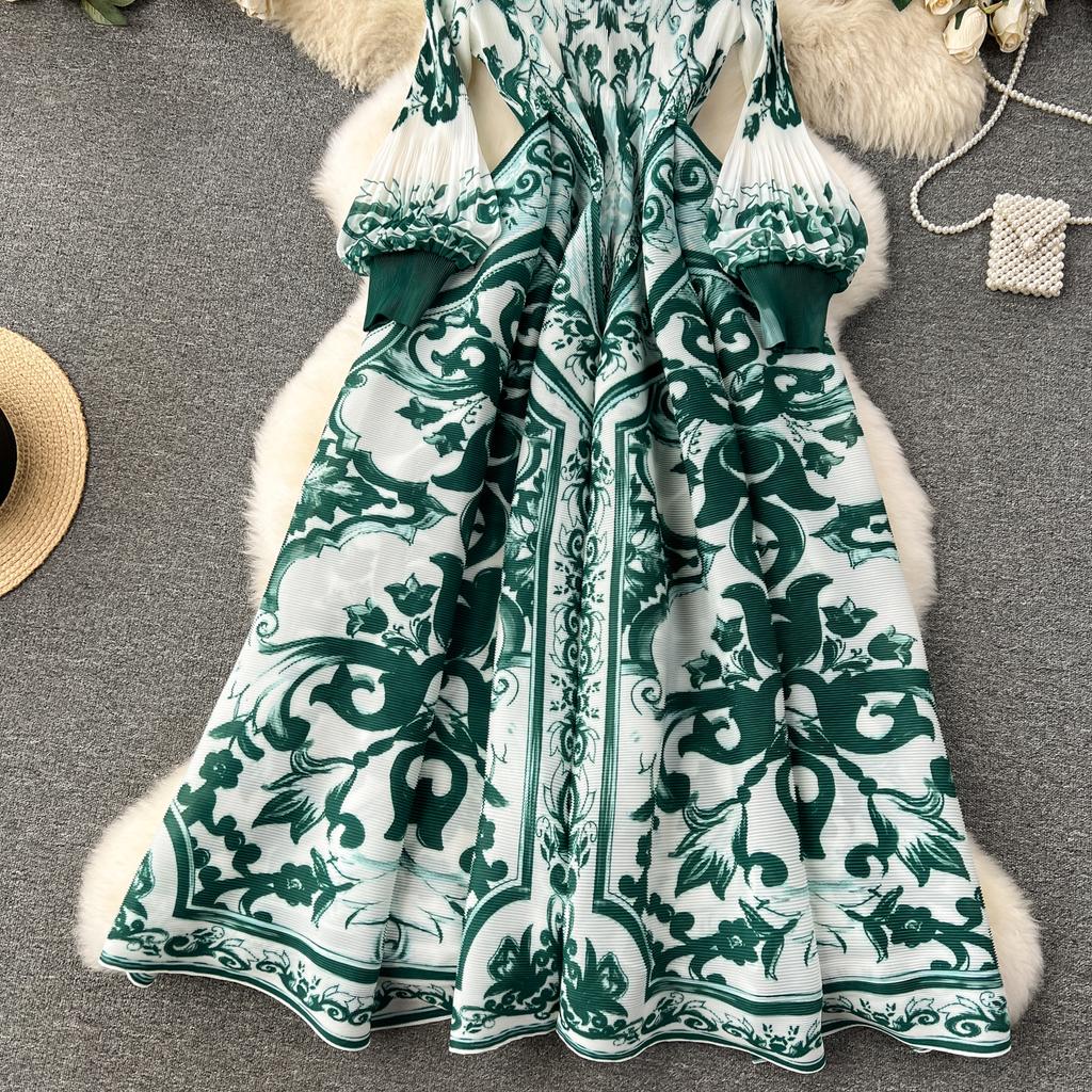 French Senior Temperament Luxury Dress Ladies 2024 Newest O-Neck Ruched Print Tie Dye Design Fashion Chic Long Dress