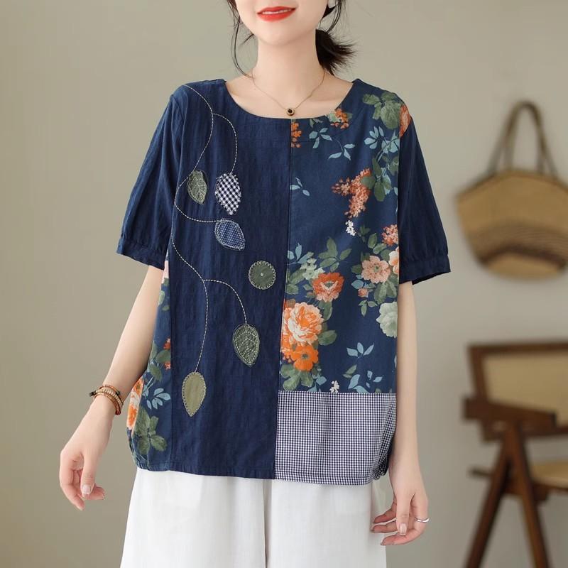 Dimanaf 2024 летние женские футболки больших размеров с цветочным принтом, элегантные лоскутные топы с рукавами, футболки, свободная повседневная льняная рубашка 91688