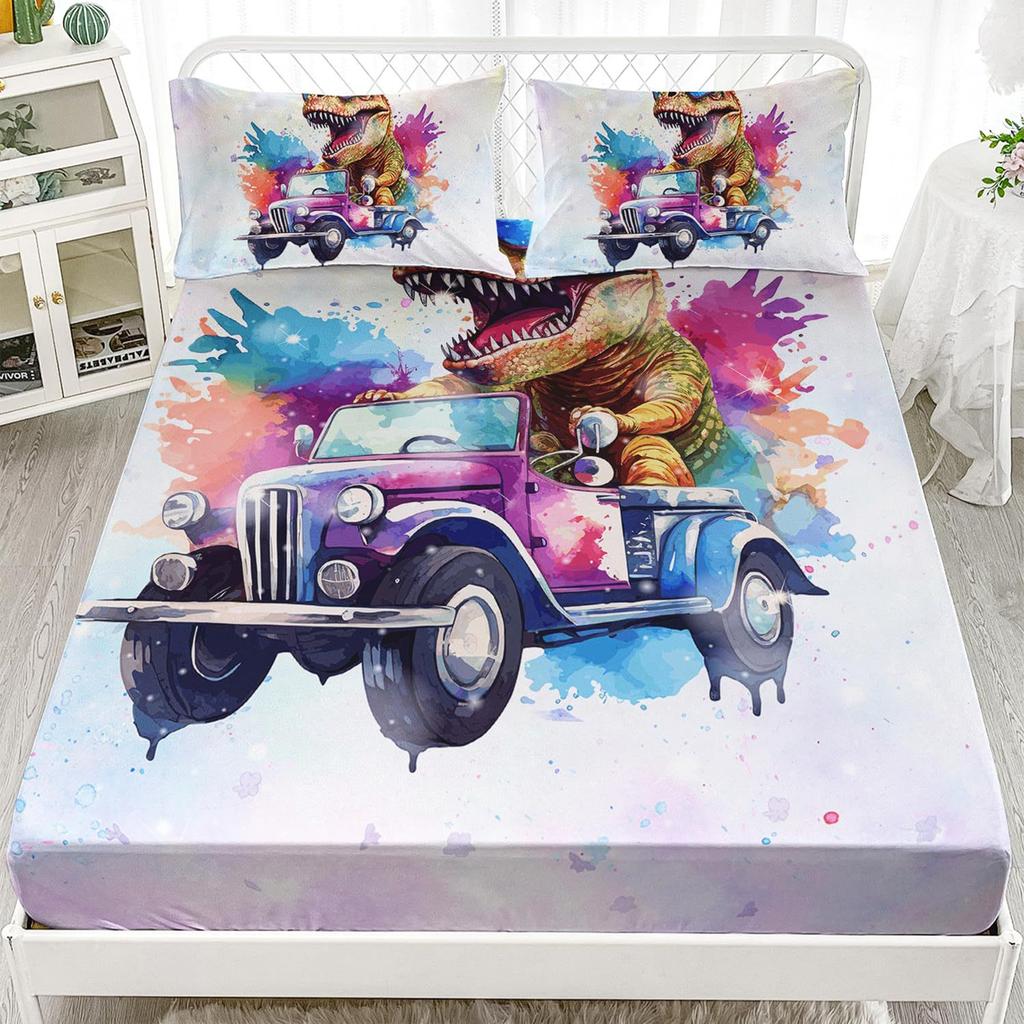 Многоцветный мультяшный узор с динозаврами, шапка на кровать из трех частей, цифровая печать, милый узор, постельный комплект