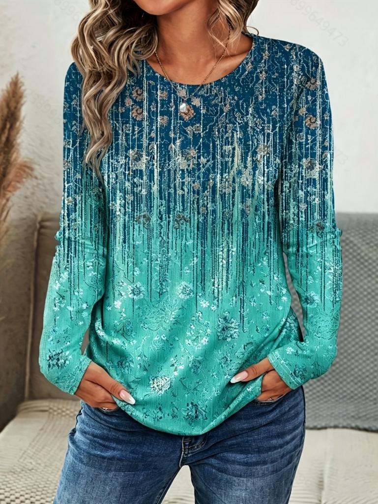 2026 New Women's 3D Printed Floral Print T-Shirts Fashion Long-Sleeved Round Neck Tops Spring and Autum Casual Female Clothing