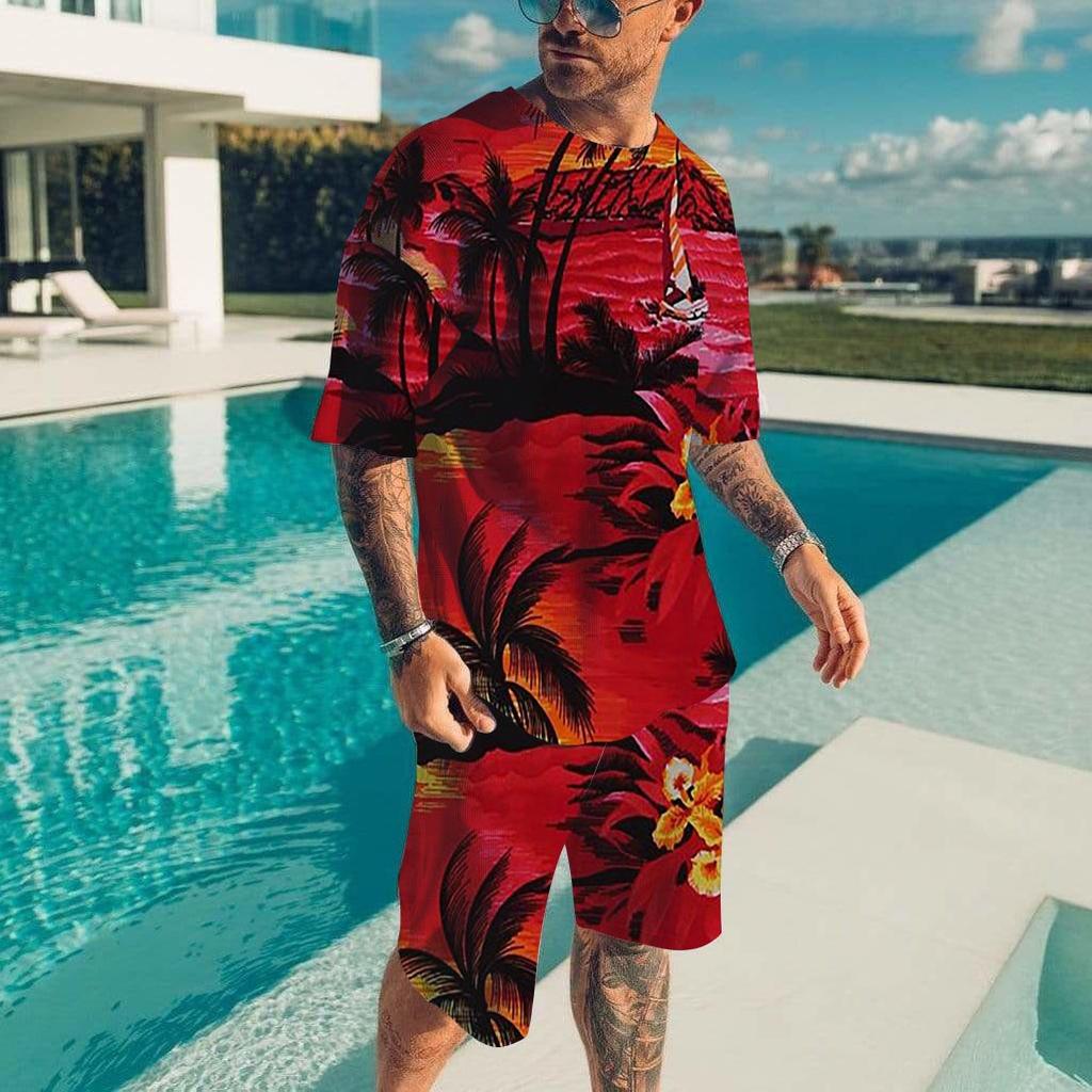 Гавайский мужской комплект, повседневная футболка, пляжные брюки, костюм, повседневный стильный мужской топ с коротким рукавом, для отдыха на природе, мужские футболки, короткий комплект из двух предметов