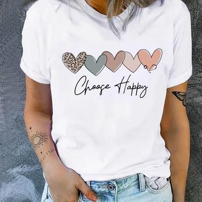 Футболка с надписью Heart & Happy и принтом в виде слогана, симпатичный топ с коротким рукавом и круглым вырезом, женская одежда ко Дню святого Валентина