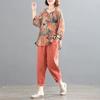 Women Large Size Suit Women Summer Cotton and Linen T-shirt Pants Two-piece Set Retro Comfortable Printing Two-piece Suit