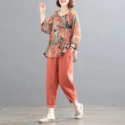 Женский костюм большого размера, женская летняя хлопковая и льняная футболка, брюки, комплект из двух предметов, удобный костюм из двух предметов в стиле ретро с принтом