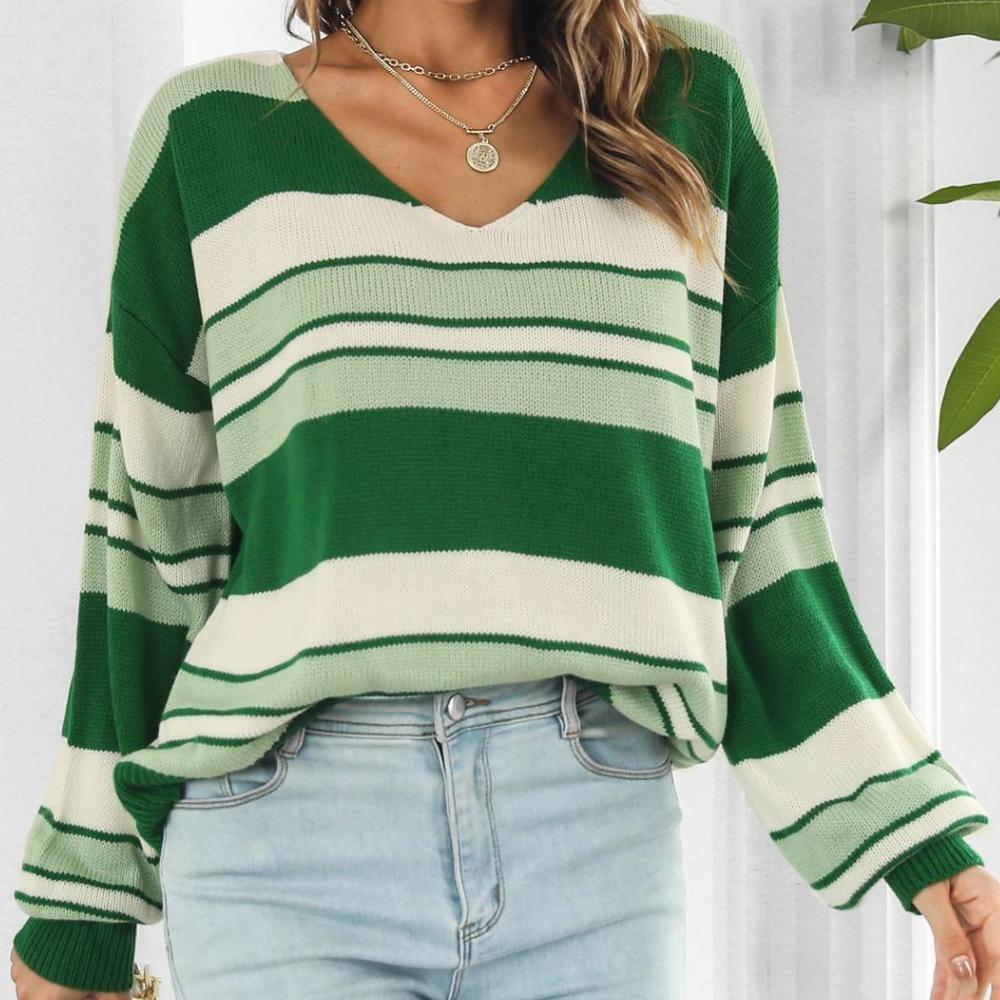 IHUASU Женский свободный полосатый свитер с V-образным вырезом и длинными рукавами, осенне-зимний свитер с градиентной вязкой