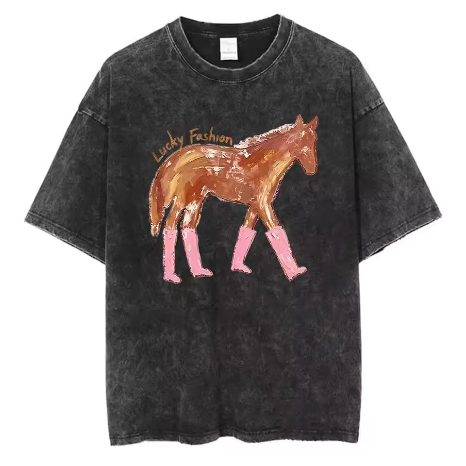 Cute Pink Boots Pony PrinTee Vintage Horse Graphic Washed T Shirt Funny Style CasuaOversized Loose Cotton Streetwear Unisex