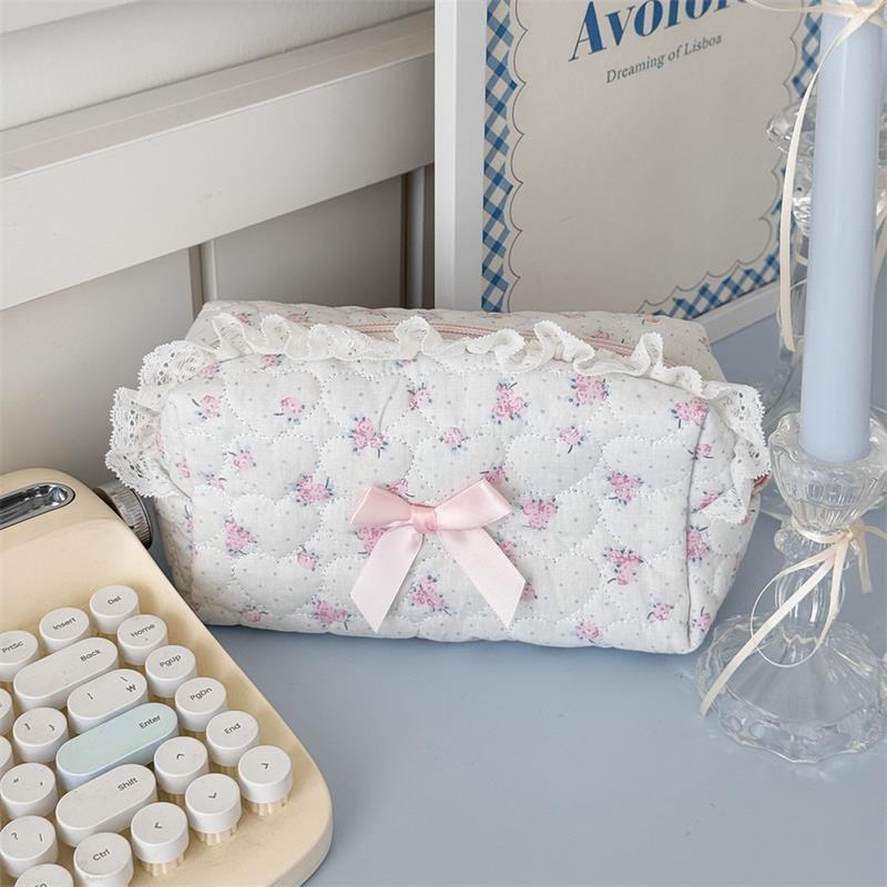 Милый медвежонок, сладкое сердце, бант, розовое кружево, косметичка, большая вместимость, портативная дорожная сумка для хранения, женский клатч, девчачьи косметички