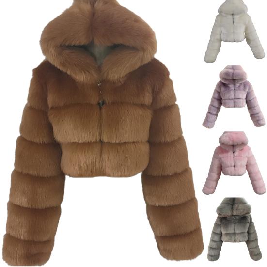 Пальто из искусственного меха с капюшоном на молнии для женщин, однотонное теплое пальто в стиле пэчворк с длинными рукавами