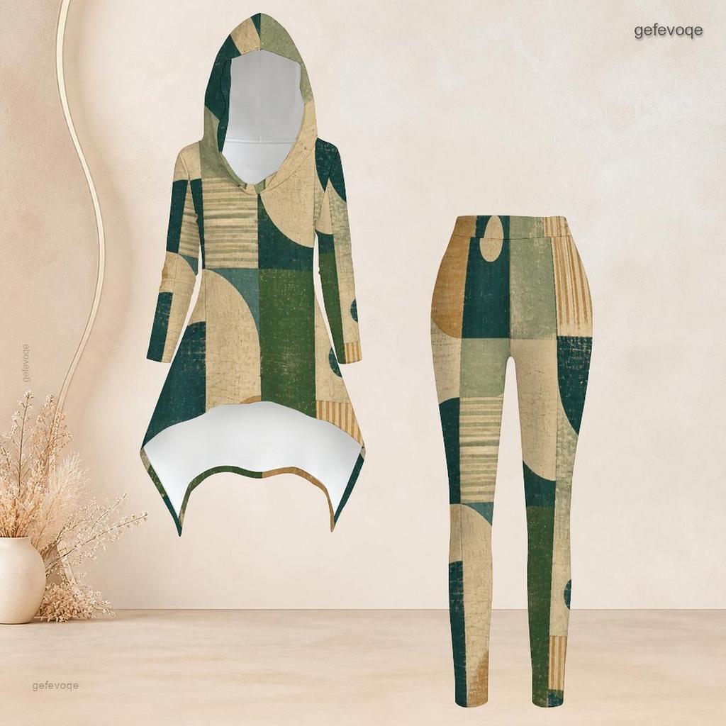 Women Plus Size Two Piece Set Hooded Long Sleeve Geometric Printed High Low Top Fitted Pants