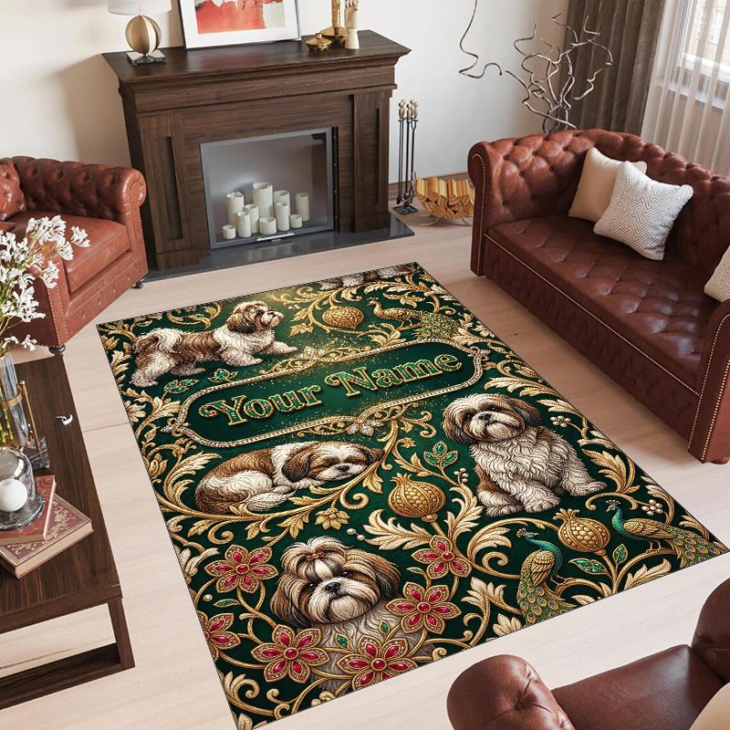 Dog Theme Crystal Velvet Rug Personalized Custom Name Text Soft Floor Mat Home Decor