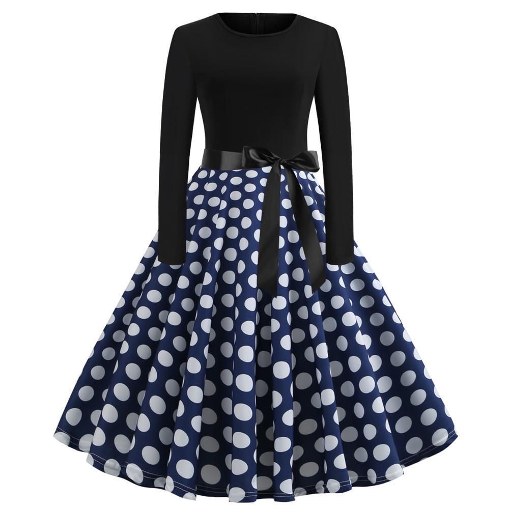 Платье в стиле ретро с длинными рукавами и круглым вырезом с цифровым принтом