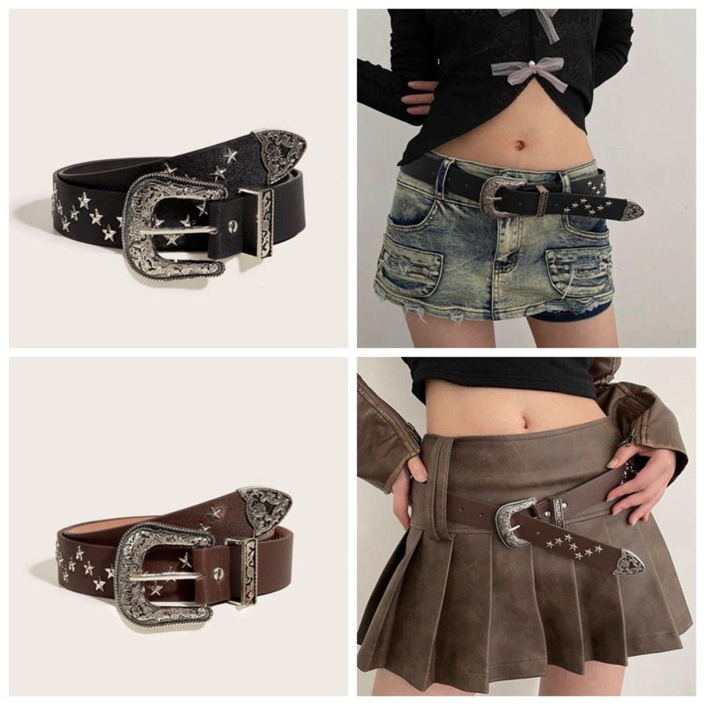 Retro Y2K Wide Belt Punk PU Leather Waistbands Fashion Star Rivet Waist Belt  Summer