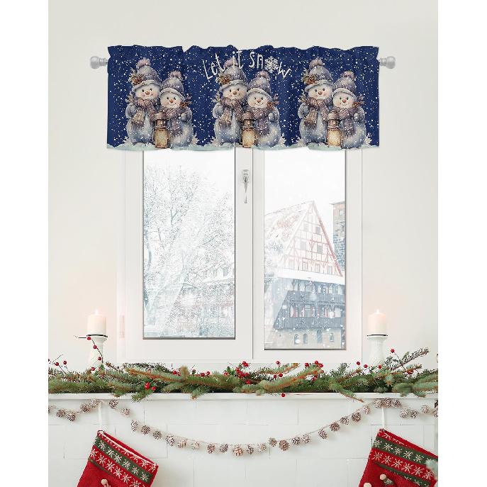 Penguin Winter Snowman Oil Lamp Snowflake Valance Tier Curtain Rod Pocket Valance for Multi-purpose Rooms, 1 Panel, 42x12 Inch, White