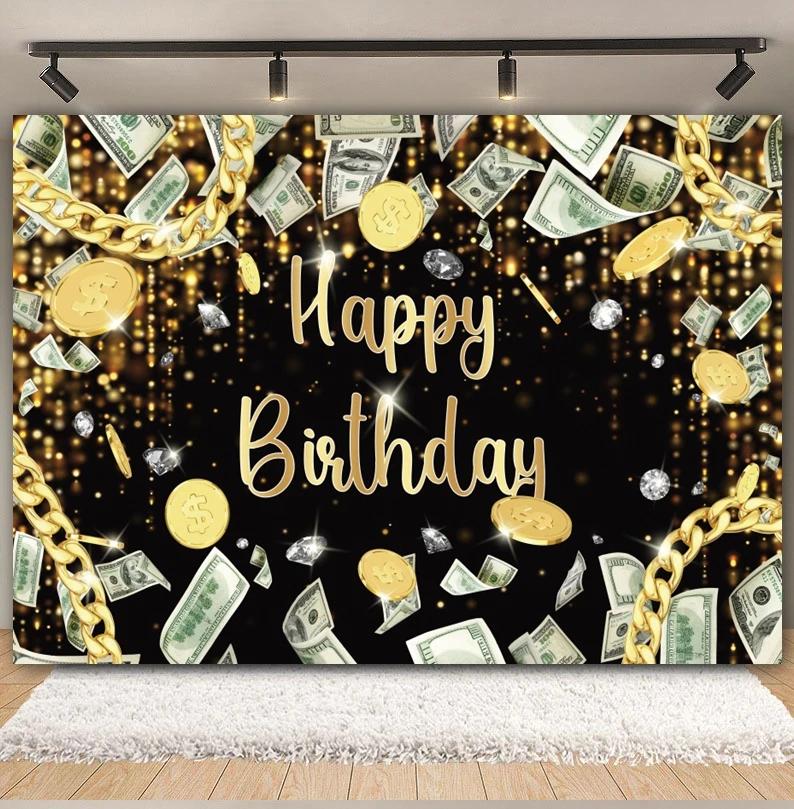 Black Gold Happy Birthday Backdrop Glitters Balloon 18th 30th 40th Adult Anniversary Birthday Party Photography Background Decor18
