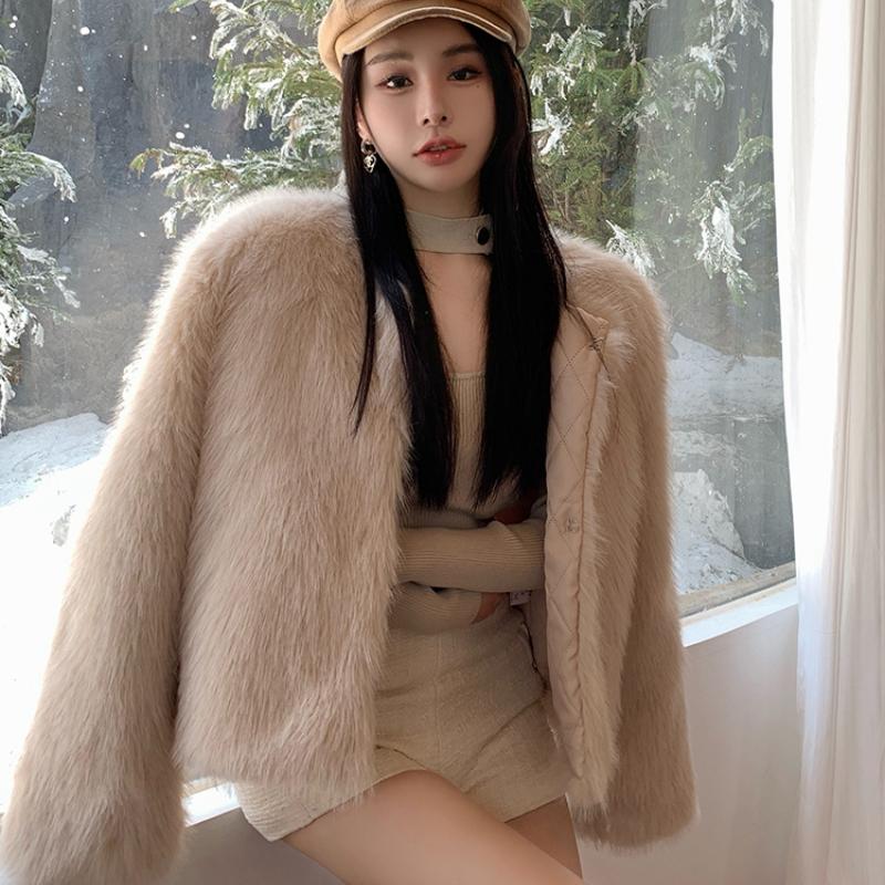 Осенне-зимние теплые пальто из лисьего меха с длинным рукавом, женские винтажные элегантные свободные куртки с круглым вырезом, женские однотонные повседневные женские куртки верхней одежды 25519