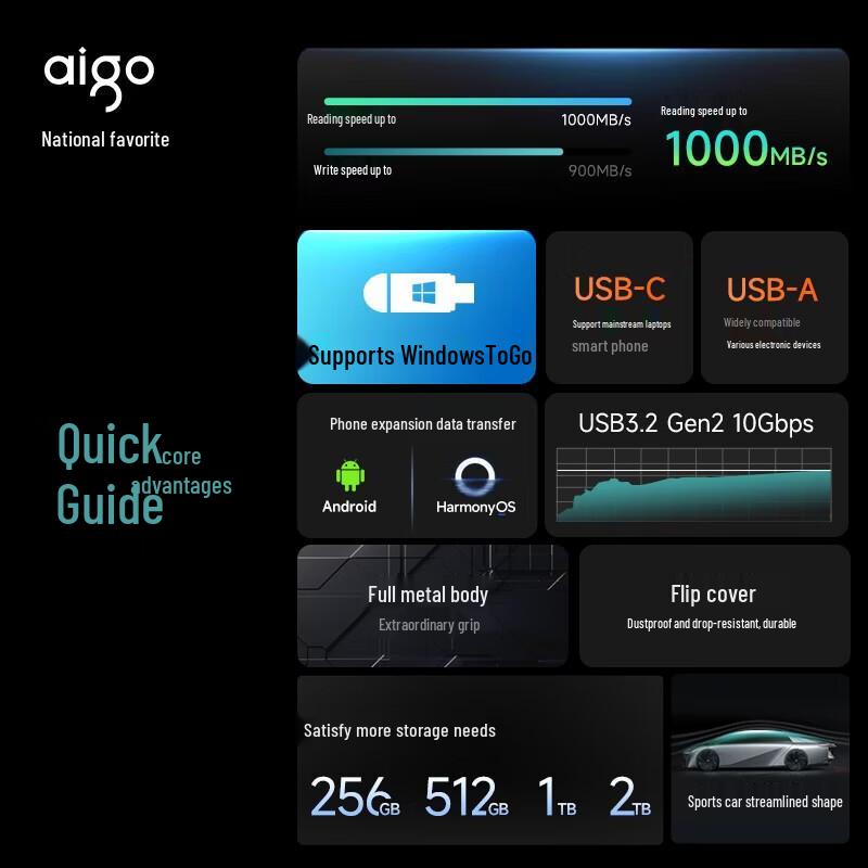 aigo U397 2TB USB 3.2 Type-C Dual-Interface Mobile SSD U Disk
